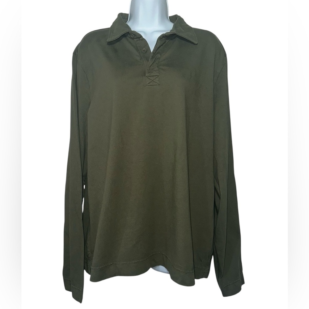 Pact Men’s Olive 100% Organic Cotton Long Sleeve Collared Polo Shirt- Size Large